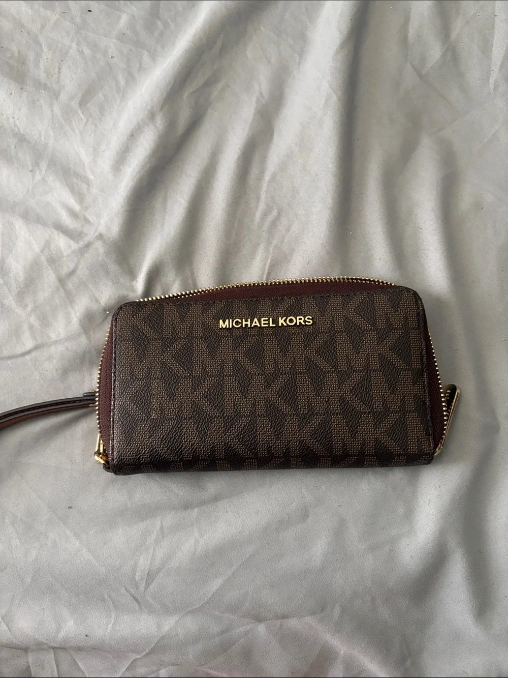 Michael Kors Dark Brown MK Logo Zip Around Wallet Wristlet